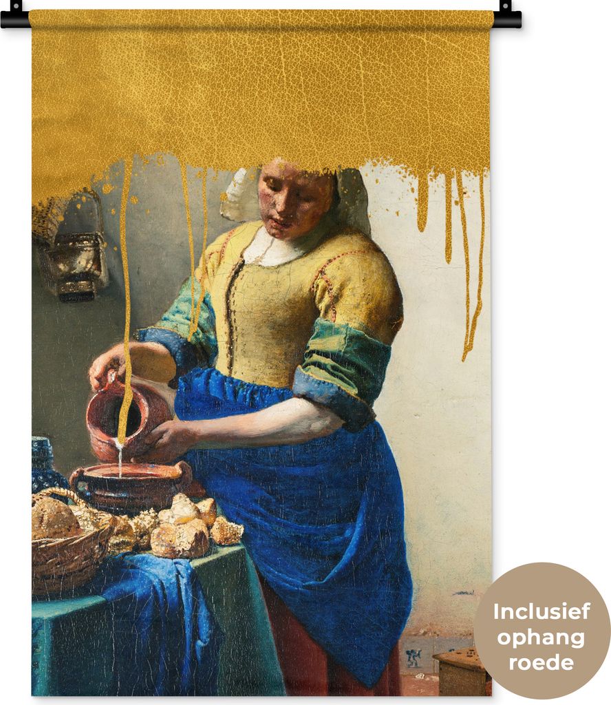 MuchoWow Wandteppich Wandbehang Milchmädchen - Gold - Vermeer 60x90 cm Tapisserie Dekoration Wandtuch - Foto-Teppich - Abwaschbar