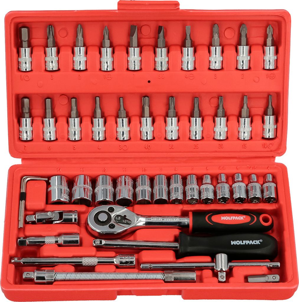 Steckschlüssel- und Bit-Satz 1/4" 46-teilig. Mit Adapter. Chrom-Vanadium, Ringmaulschlüsselsatz, Ratschensatz, Steckschlüsselsatz