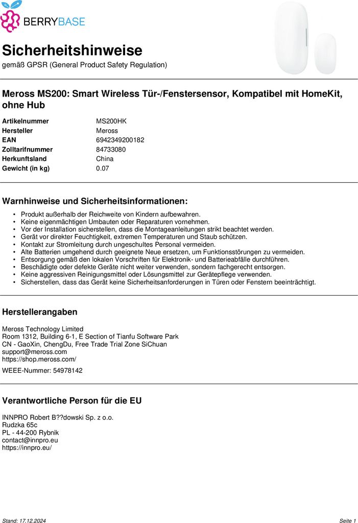 Meross MS200: Smart Wireless Tür-/Fenstersensor, Kompatibel Produktbild 5