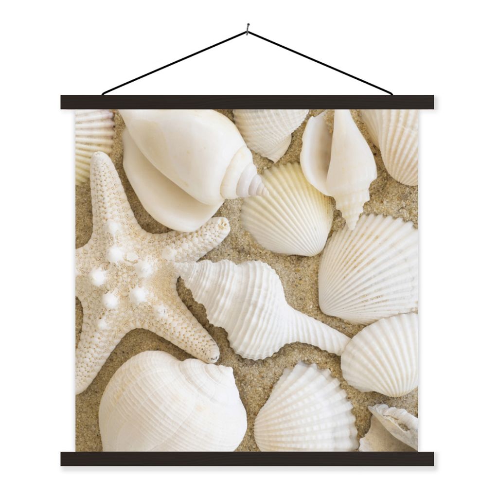 MuchoWow Textilposter Muschel - Strand - Weiß 60x60 cm mit schwarzem Rahmen - Posteraufhänger