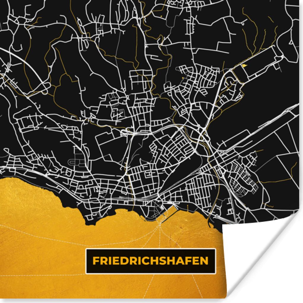 MuchoWow Poster Gold - Deutschland - Karte - Stadtplan - Friedrichshafen 50x50 cm - Wohnzimmerdekoration