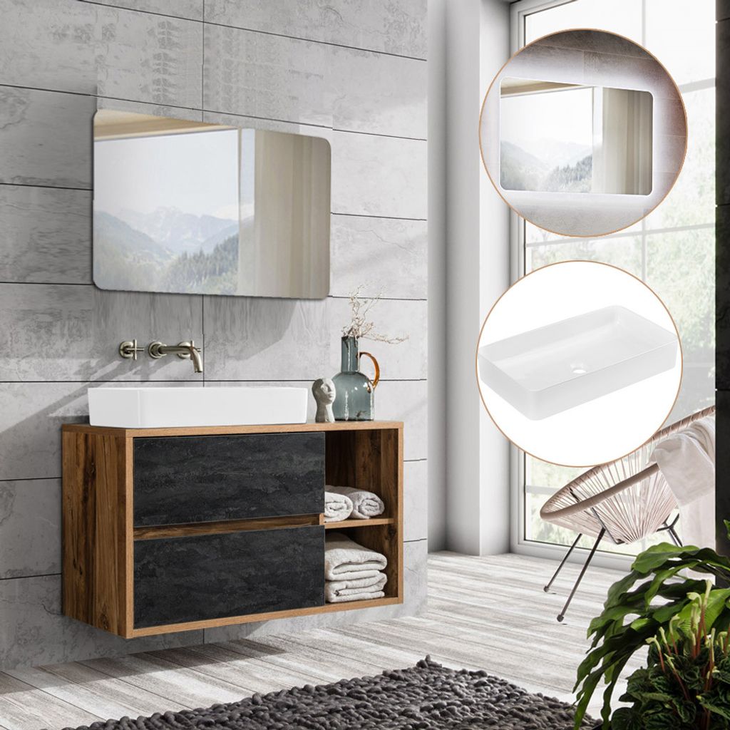 Badmöbel Set in Eiche mit Beton Nachbildung HARLOW-56 100cm Waschtisch-Unterschrank mit Waschbecken, LED-Spiegel, B/H/T ca. 100/200/46 cm
