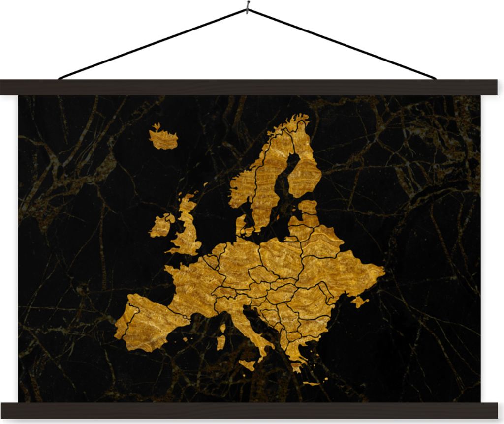 MuchoWow Textilposter Karte von Europa - Gold - Schwarz 150x100 cm mit schwarzem Rahmen - Schlafzimmer