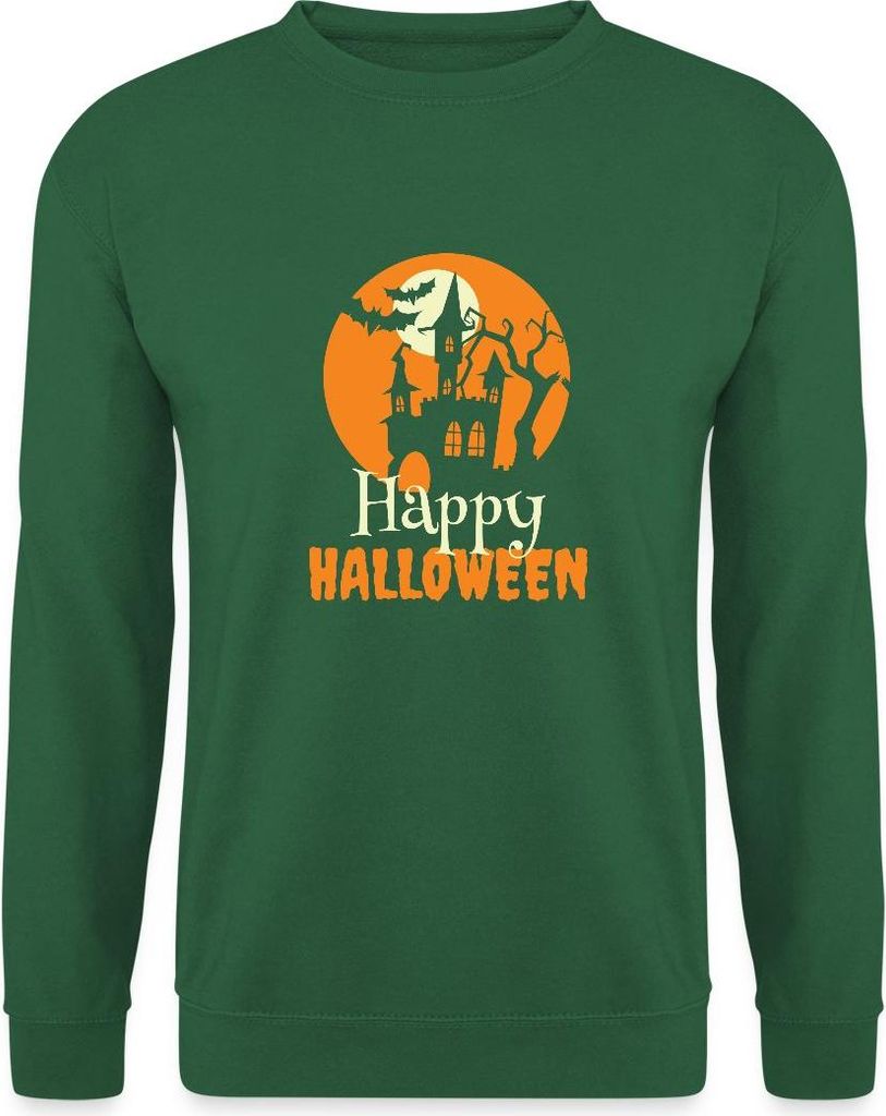 Spreadshirt Happy Halloween Spukhaus Mit Vollmond Und Fledermaus Uni Pullover, M, Grün