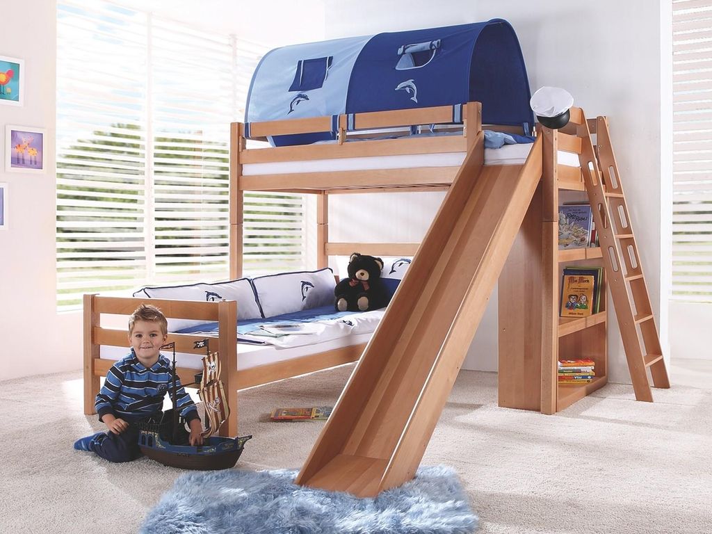 Etagenbett Sky Buche massiv Natur lackiert mit Tunnel