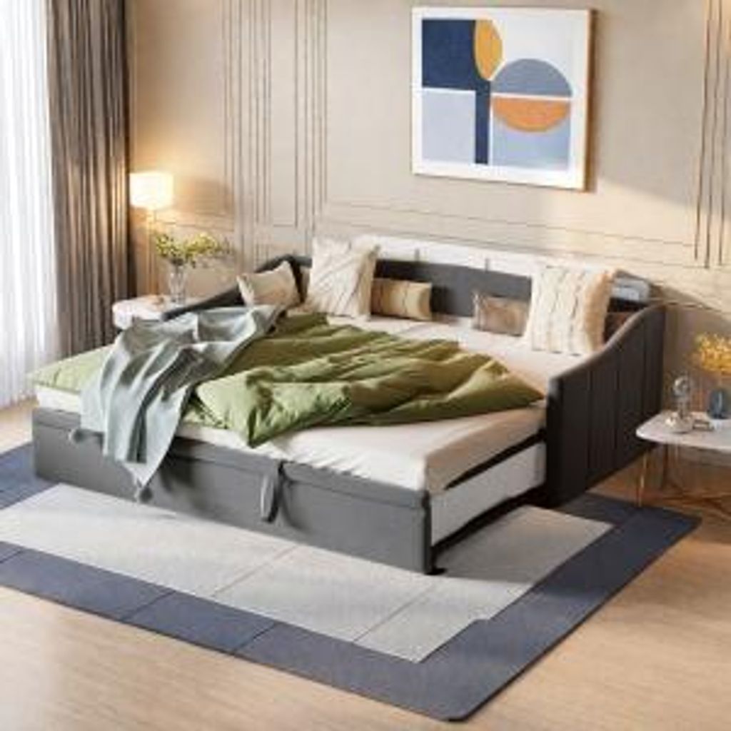 UnboxG Polsterbett 90x200cm Einzelbettt mit ausziehbarem Unterbett, Massivholzbett mit Lattenrost, Stauraumbett Gästebett Tagesbett, Grau
