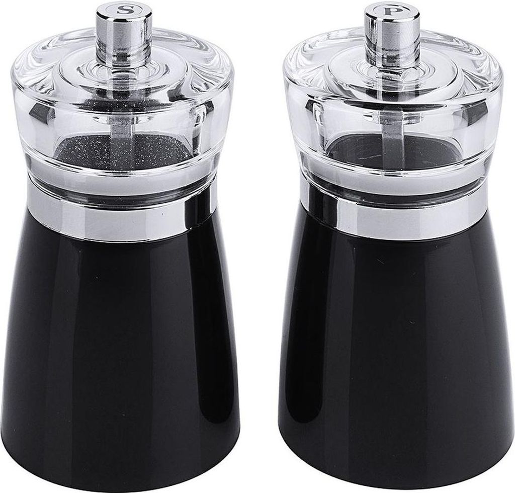 Contacto Salz- und Pfeffermühlen-Set - Acrylglas schwarz, Ø 5 cm, Höhe 10 cm, 0,07 l, Kunststoff- und Keramik-Mahlwerk, transparentes Bedienteil