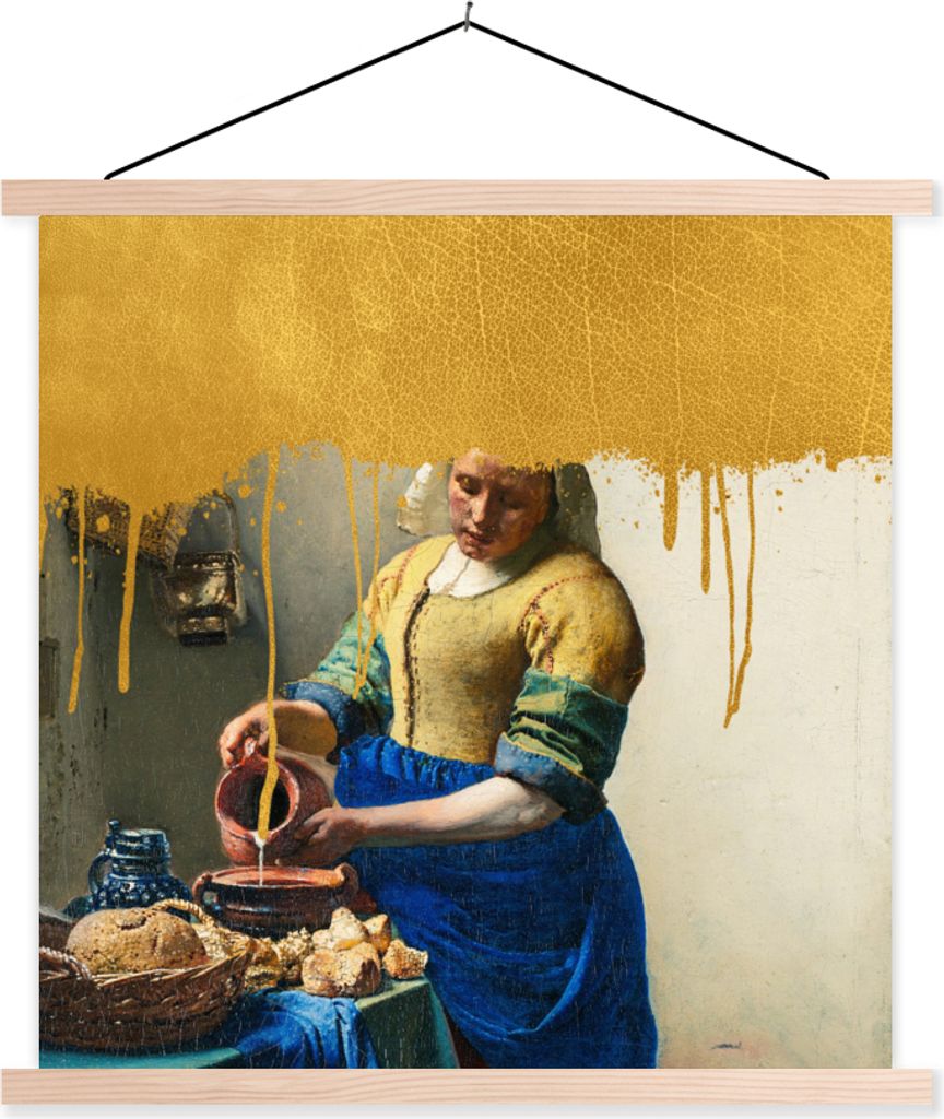 MuchoWow Textilposter Milchmädchen - Gold - Vermeer 60x60 cm mit holzfarbenen Rahmen - Wanddekoration