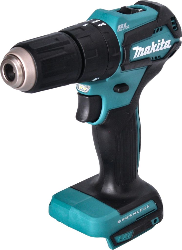 A cordless drill is shown against a white background.