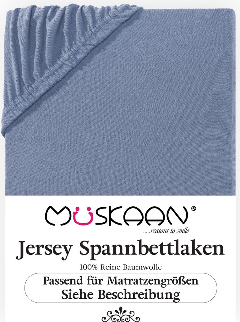 Müskaan Jersey Spannbettlaken 180x200 - 200x220 rauchblau für Boxspringbett und Wasserbett Bettlaken 100% Baumwolle