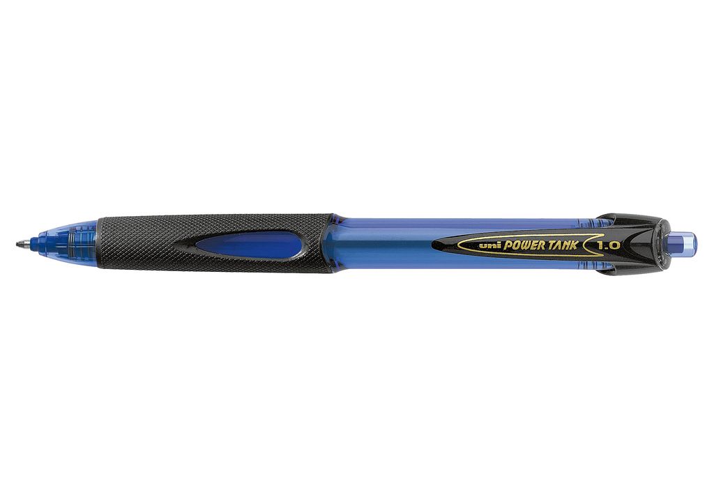 A blue ballpoint pen with a black grip is shown against a white background.
