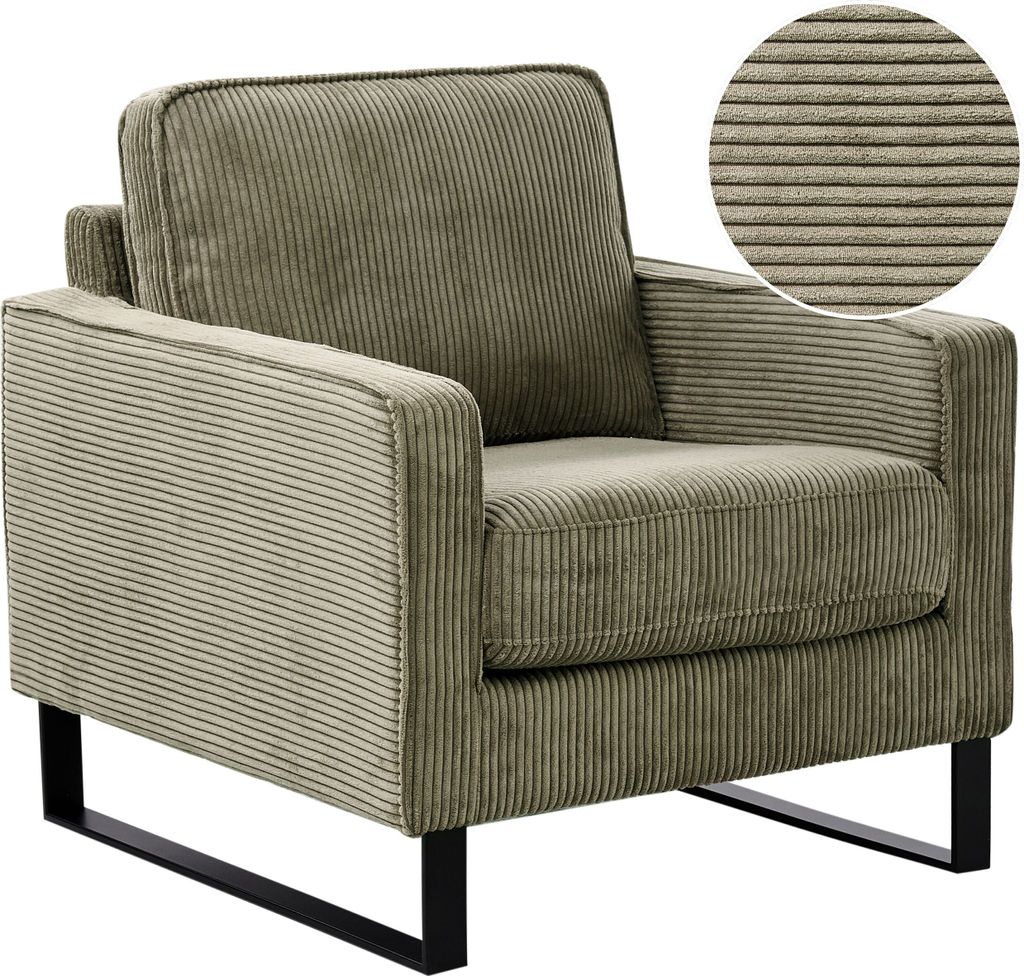 BELIANI Sessel Grün Cord mit Schwarzen Edelstahlfüßen Dicke Polsterung Niedrige Armlehnen Retro Wohnzimmer Schlafzimmer Flur Ausstattung Sitzmöbel