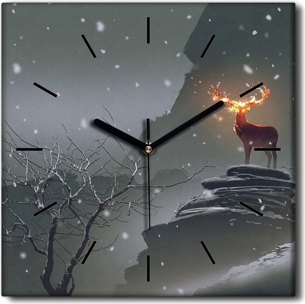 Coloray Uhr auf Leinwand 30x30 cm Wand Uhr Dekoration Wohnzimmer Segeltuch schwarze Hände -Hirsche Feuerhörner Rocks