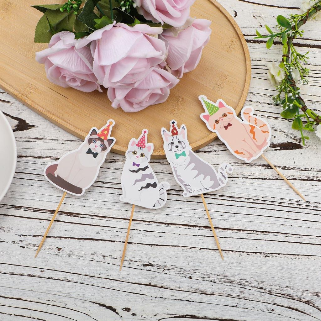 24 Stück Katzen Cupcake Toppers, 4 Stile Katzen Thema Geburtstagsfeier Zubehör für Katzengeburtstagstorten für Babypartys und Geburtstagsfeiern