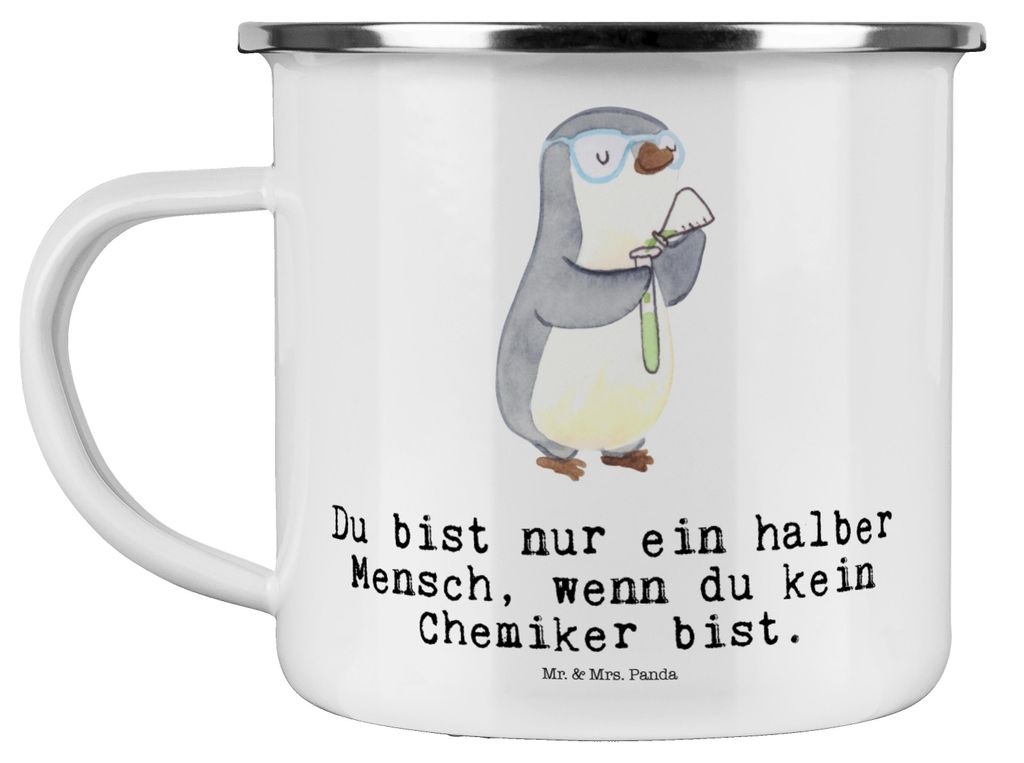 Mr. & Mrs. Panda Emaille Tasse Chemiker Herz - Weiß - Geschenk, Studium, Labor, Becher, Campingtasse, Spruch, Kaffeepott, Beruf, Wissenschaftler, ...