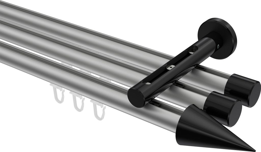 Interdeco Innenlaufstange / Gardinenstange mit Innenlauf Silbergrau / Schwarz, Typ Siteno Savio (Kegel), 20 mm Ø 3-läufig, 260 cm