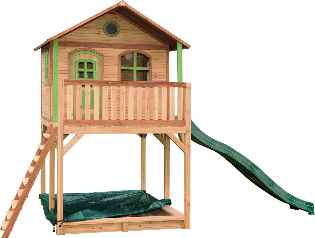 AXI Spielhaus Andy mit Sandkasten & grüner Rutsche | Stelzenhaus in Braun & Grün aus Holz für Kinder | Spielturm für den Garten