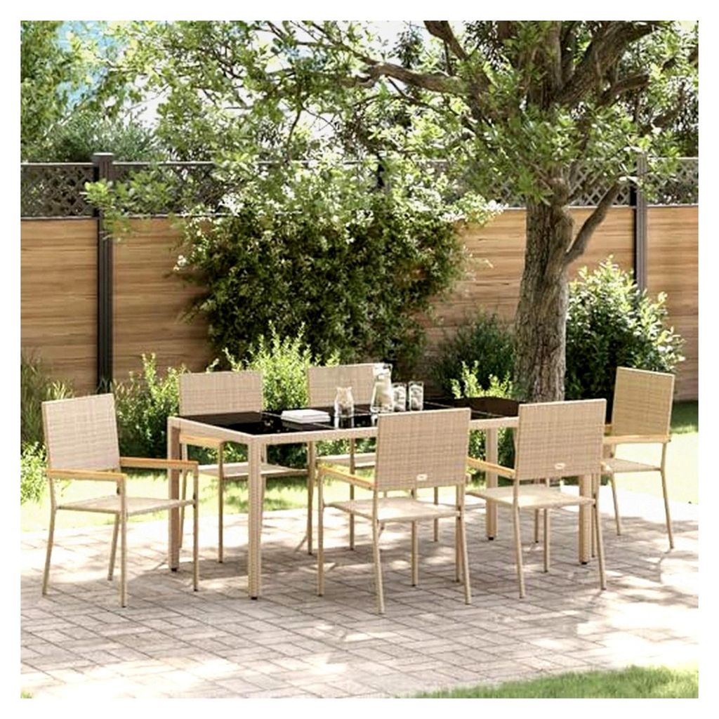 7-teiliges Gartenset Beige Poly-Rattan, Gartenmöbel Essgruppe Tisch für Terrasse und Garten