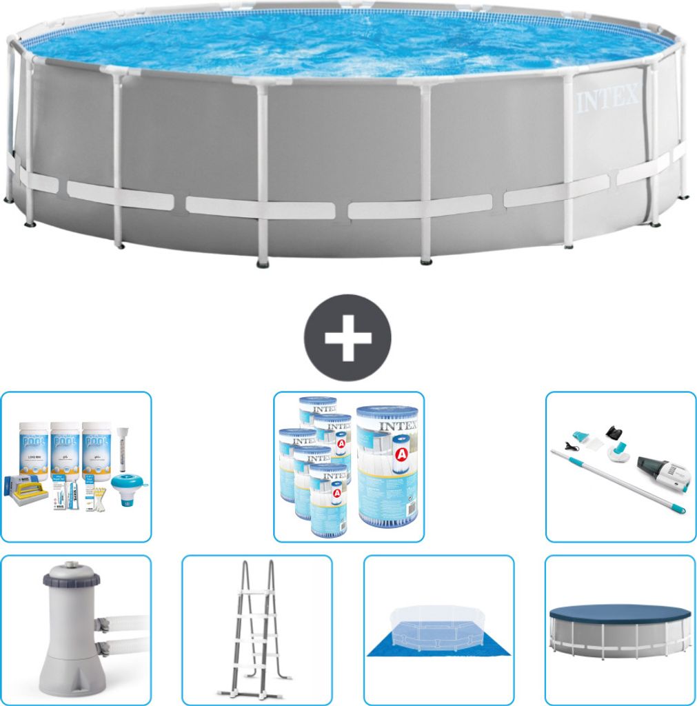 Intex Round Prism Frame Swimming Pool – 457 x 122 cm – Grau – inklusive Pumpe – Leiter – Bodenplane – Abdeckung Wartungspaket - Filter ...