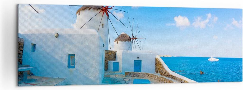 Bild auf Leinwand - Leinwandbild - Griechenland Insel Küste Haus - 160x50cm - Wand Bild - Wanddeko - Leinwanddruck - Bilder - Kunstdruck - Wanddek...