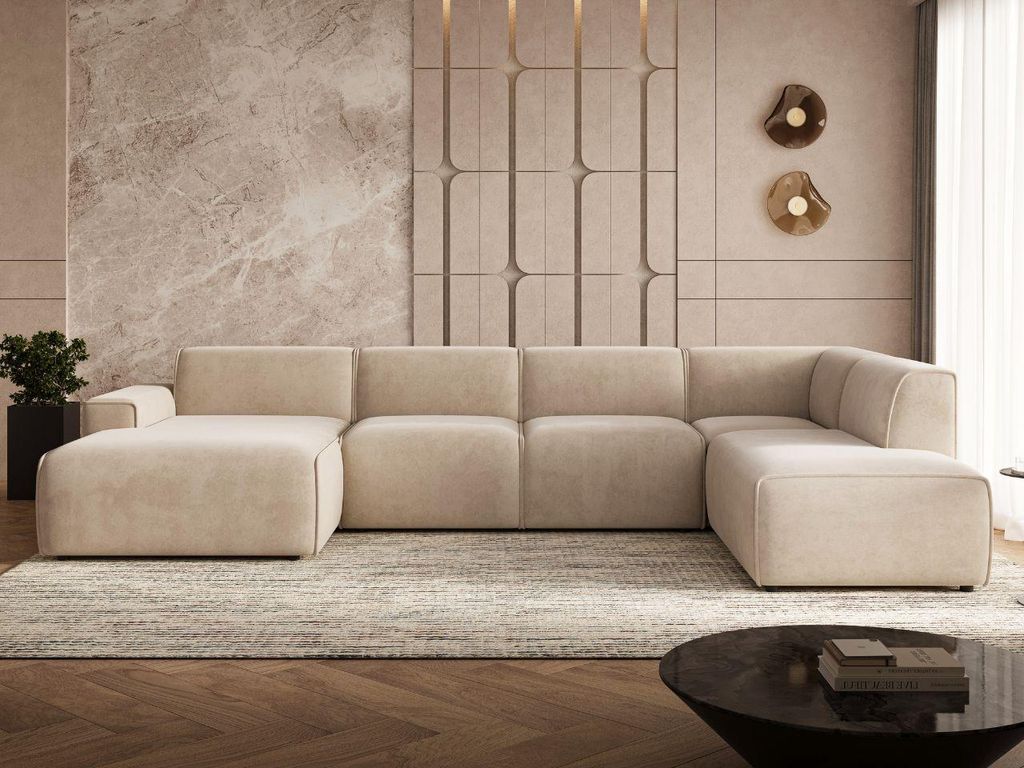 GrainGold Ecksofa U-Form Rechts Belluno - Ecksofa mit Schlaffunktion, Bettkasten - Moderne Ecksofa, Wohnzimmer Sofa - Eckcouch Beige (Castel 15)