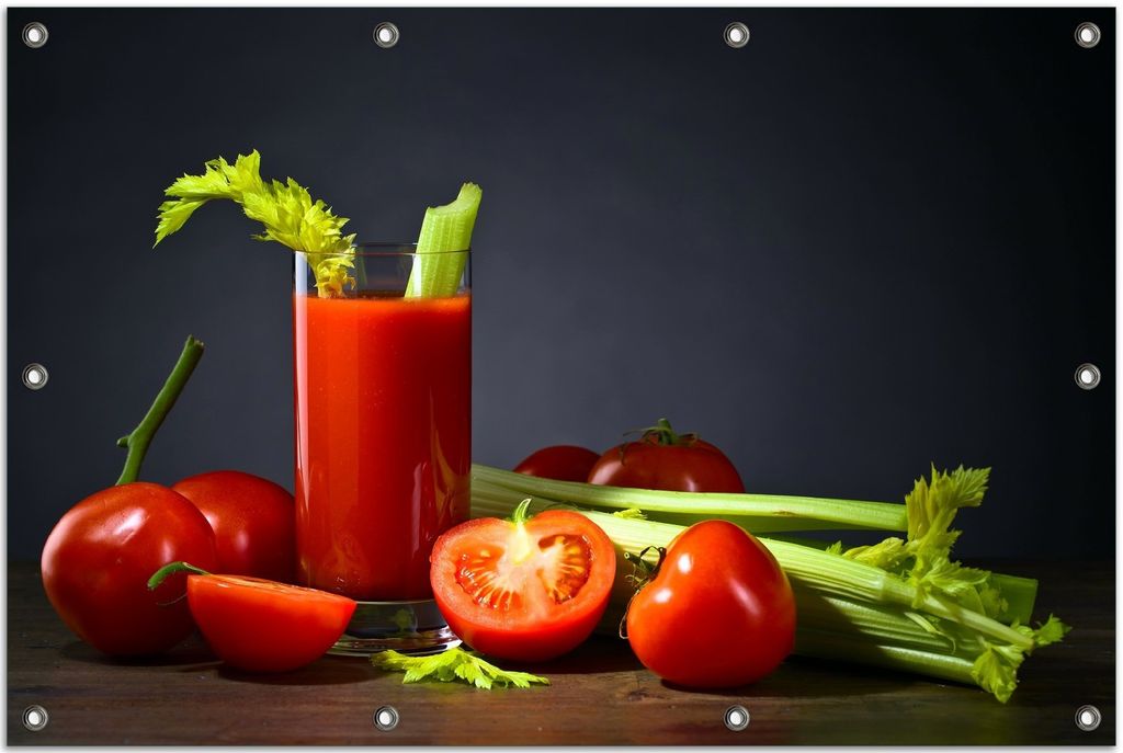 Wallario Outdoor-Poster für Garten oder Balkon, Motiv Frischer Tomatensaft mit Sellerie, in ca. 80 x 120 cm