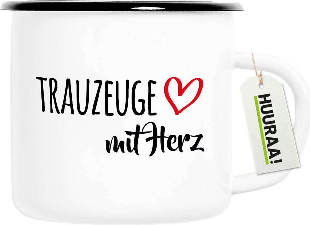 Huuraa Emaille Tasse Trauzeuge mit Herz 300ml Vintage Campingbecher Geschenkidee