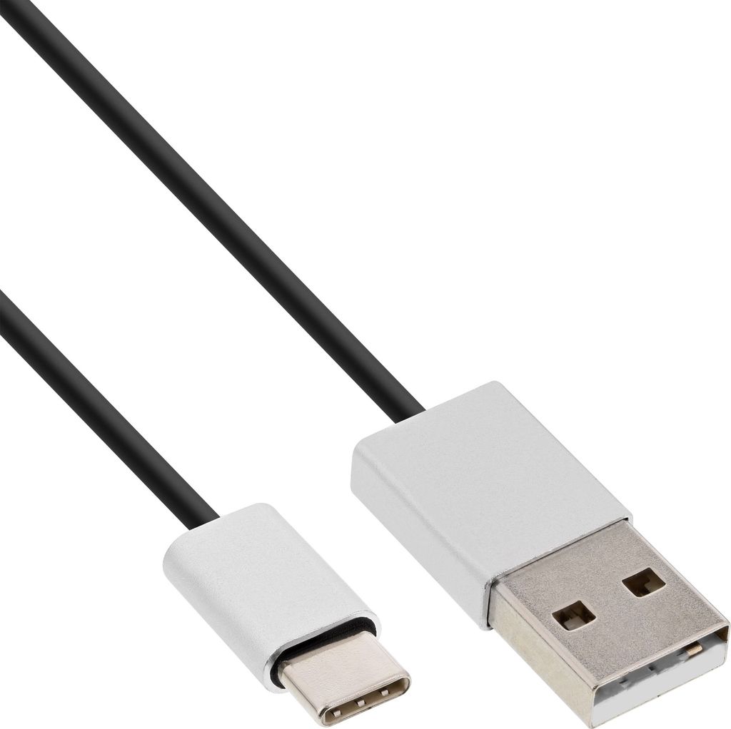 InLine USB 2.0 Kabel, USB-C Stecker an A Stecker, schwarz/Alu, flexibel, 0,5m