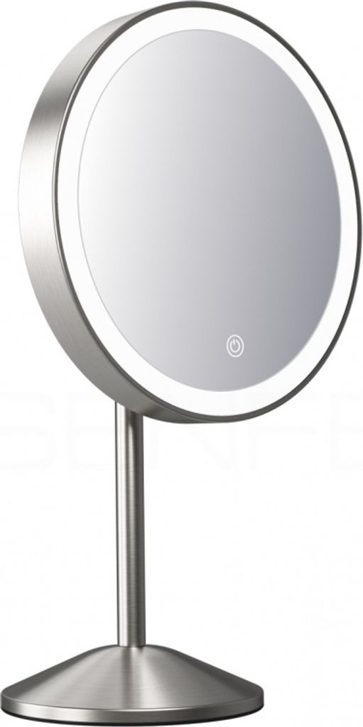 A silver LED makeup mirror on a stand, shown against a white background.