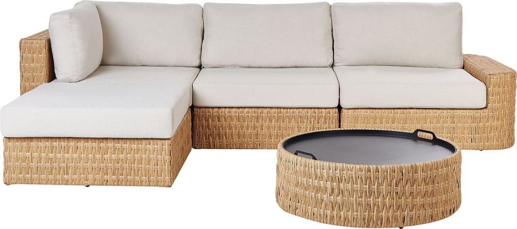 BELIANI Lounge Set Naturfarben Rattan 3-teilig Boho-Stil 4-Sitzer Sofa mit Ottomane Kissen und Couchtisch Outdoor Terrasse Garten Ausstattung