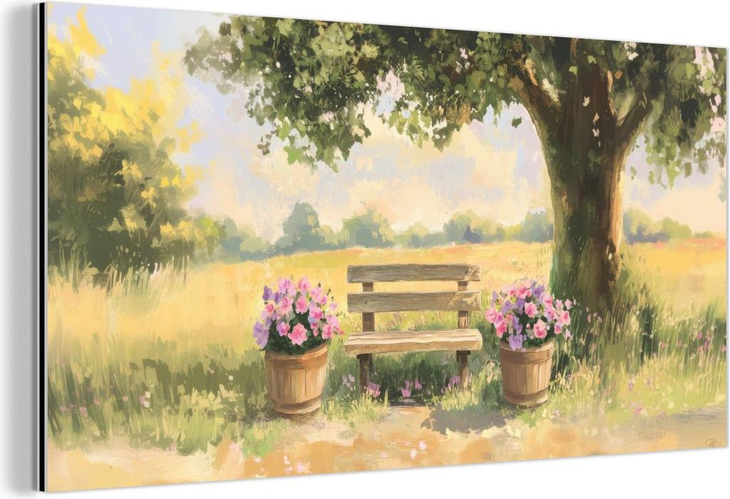 MuchoWow Wanddekoration Metall Metallbild Wandkunst 120x60 cm Holzbank - Blumentöpfe - Landschaft MuchoWow Aluminium Gemälde - Metalbilder