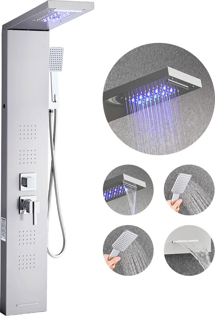 VEVOR Duschpaneel-Turmsystem (5 Modi) mit Regenwasserfall-Duschkopf & LED, (1345 mm) Duschsäule aus gebürstetem Edelstahl