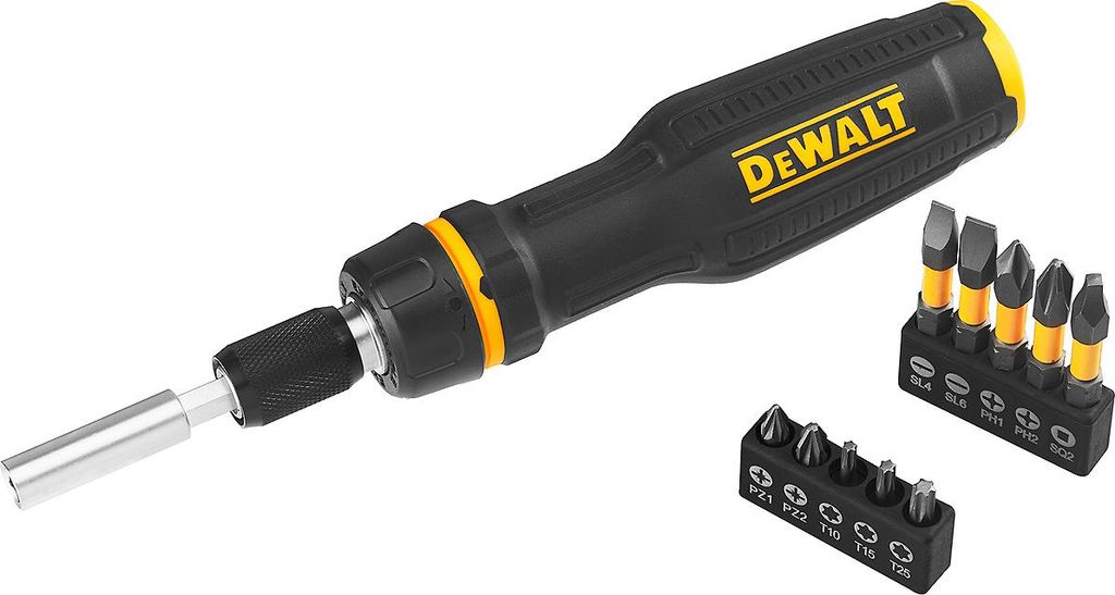 A DeWALT bit screwdriver with a set of bits is displayed against a white background.
