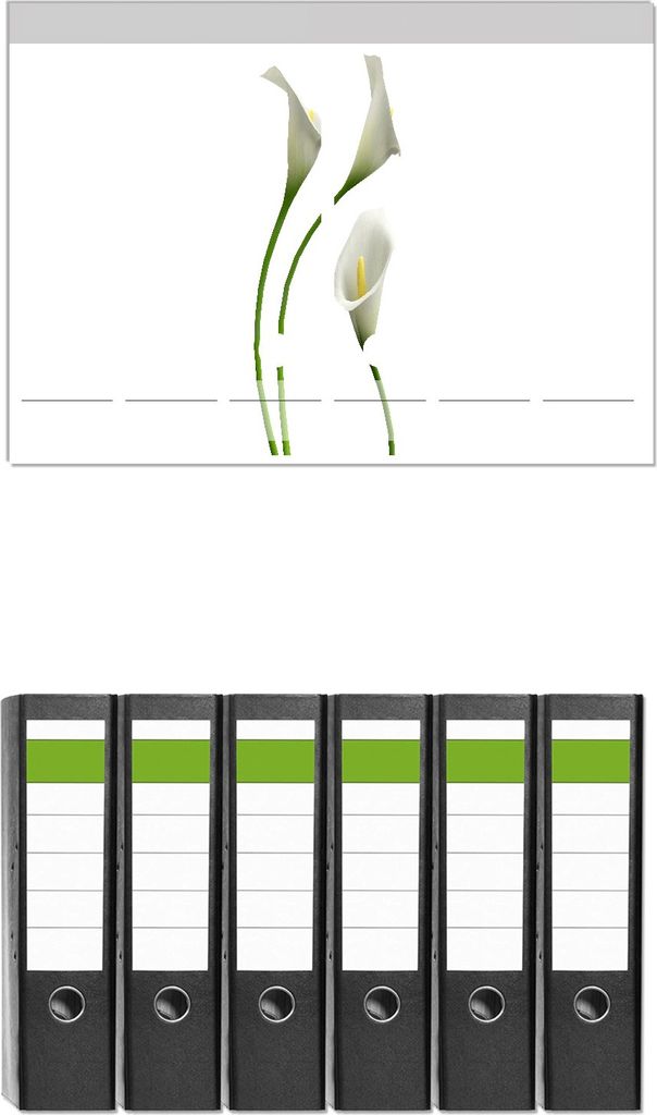 Wallario 6 Stück breite Ordner inkl. Klebeetiketten mit Motive Callas weiß gelb - Set mit Rückenschildern / Ordnerrücken Stickern