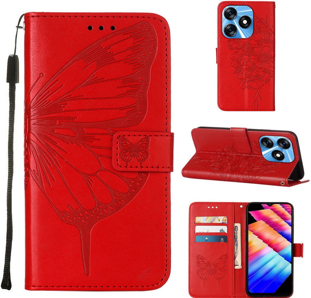 Lederhülle für Tecno Spark 10 4G Schmetterling Prägung Flip Ledertasche Kartenfächer Handyhülle mit Ständer Rot