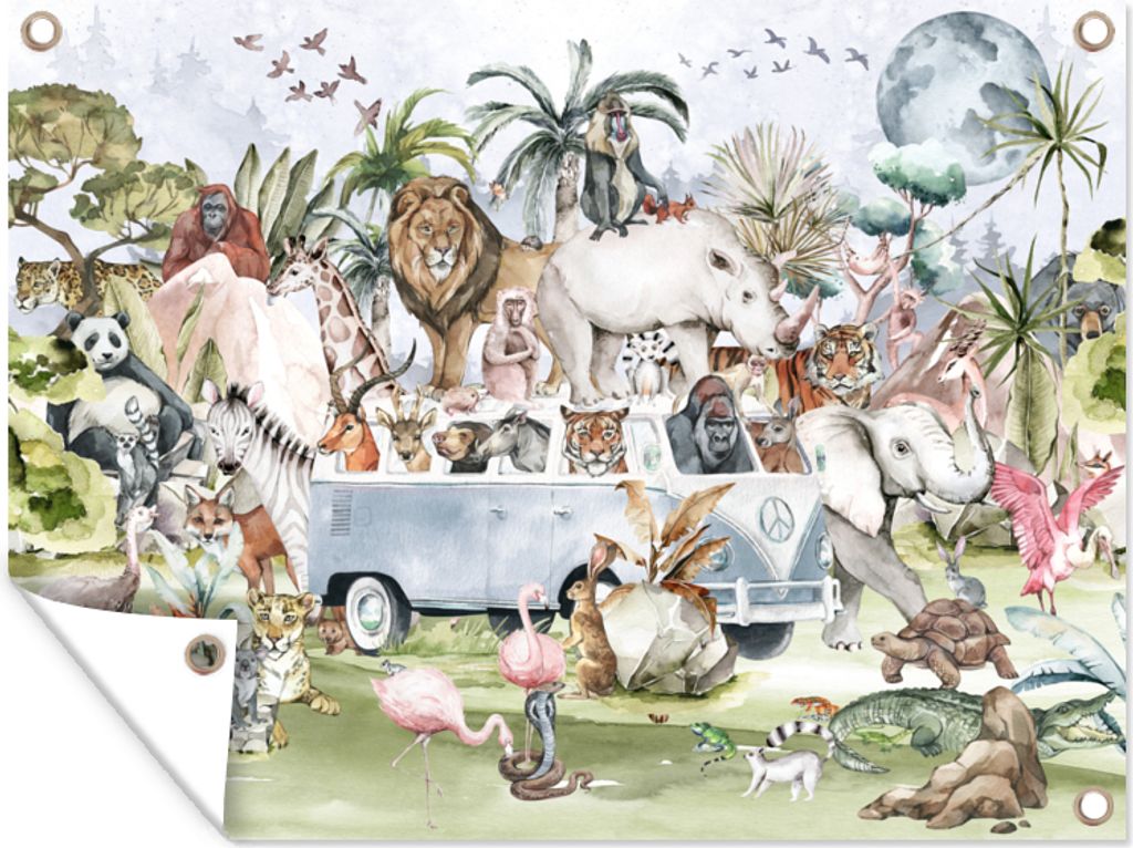 MuchoWow 120x90 cm Outdoor-Poster Gartendeko Sichtschutz Garten Poster für den Garten Dschungel - Bus - Tiere - Kinder - Pflanzen