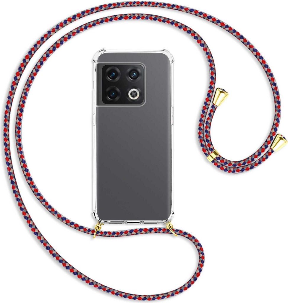 Handykette Backcover-Schutzhülle mit Band (Metall goldfarben) für OnePlus 10 Pro 5G - silber/blau/rot