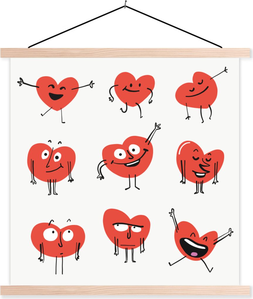 MuchoWow Textilposter Eine Illustration von neun Herzen mit Emotionen 60x60 cm mit holzfarbenen Rahmen - Wanddekoration