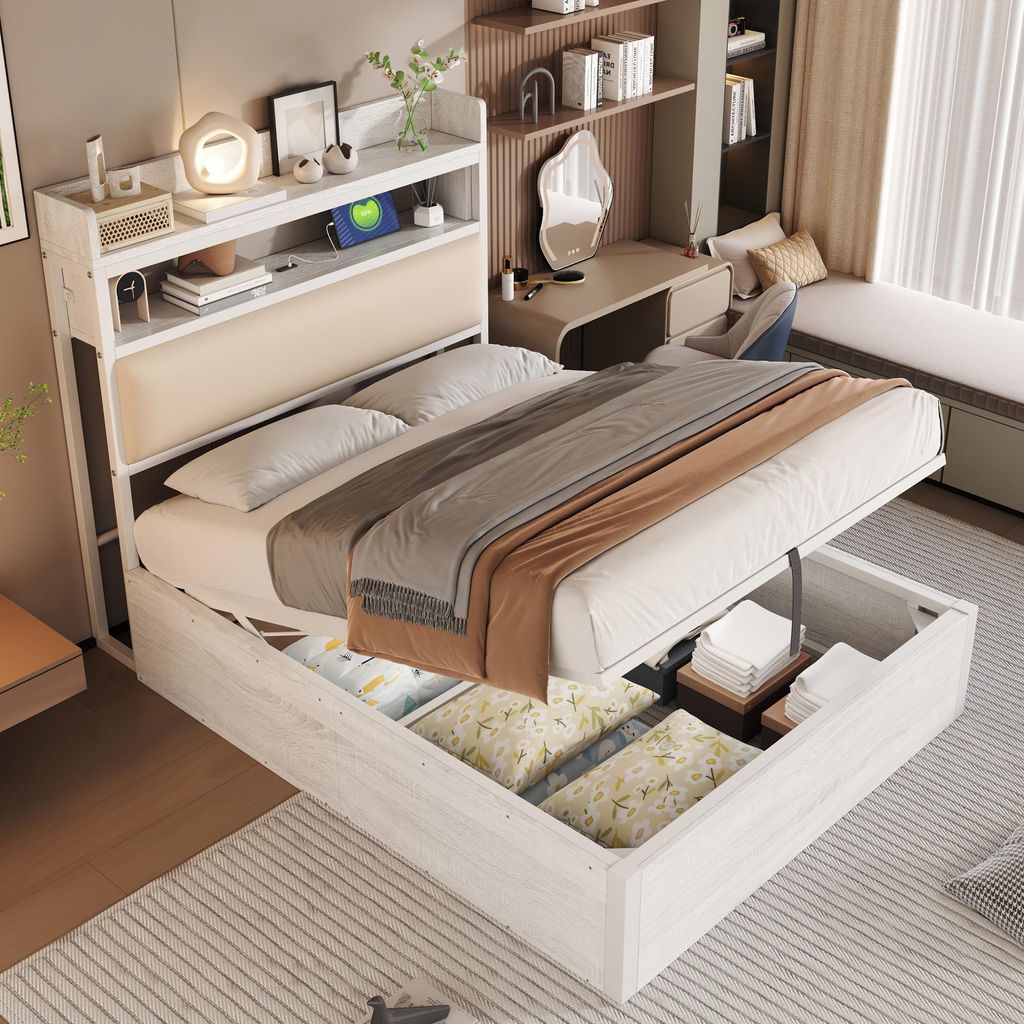 Abrihome Klassisches Bett 90x200cm mit hydraulischem Lagerung, Holzbett Stauraumbett mit USB und Lattenrost, Weiß