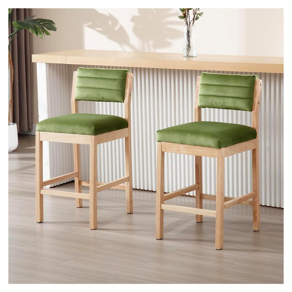 2er Set Samt Barhocker für die Küche, Vintage Barstuhl mit Massivholzbeinen für Esszimmer und Wohnzimmer (Grün)