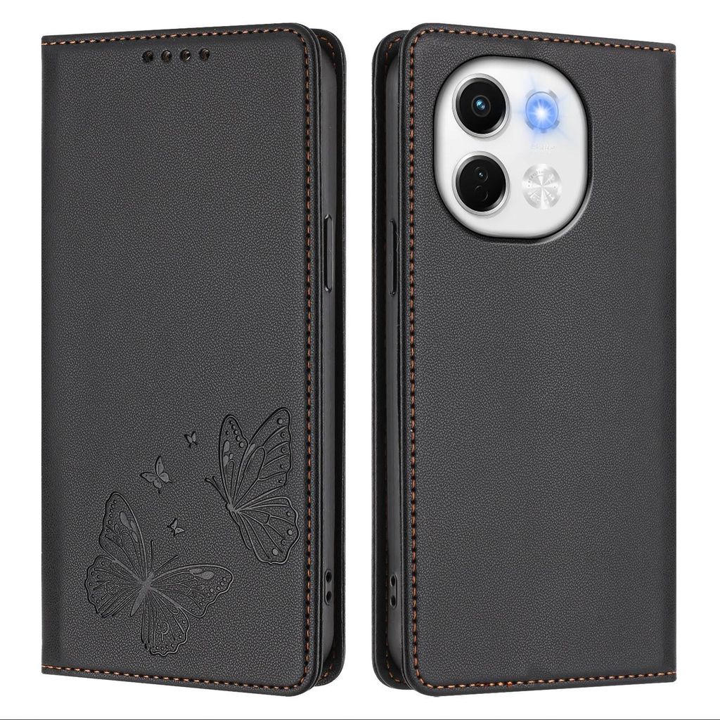 Lederhülle für Tecno Pova 6 Neo 5G/Spark 30 5G, Schmetterling Prägung Leder Brieftasche Schutzhülle mit Ständer Schwarz