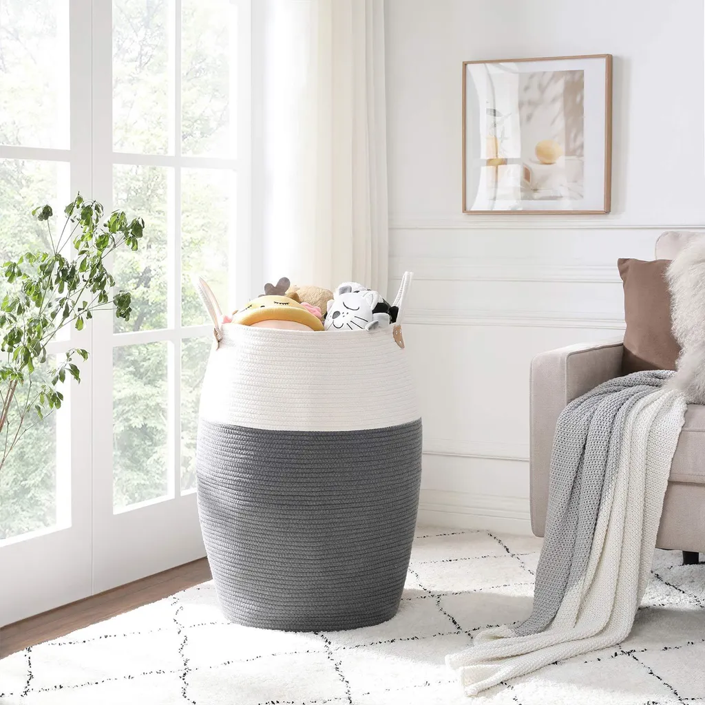 Panier en corde de coton gris-beige avec poignées - Texture Douce - 3