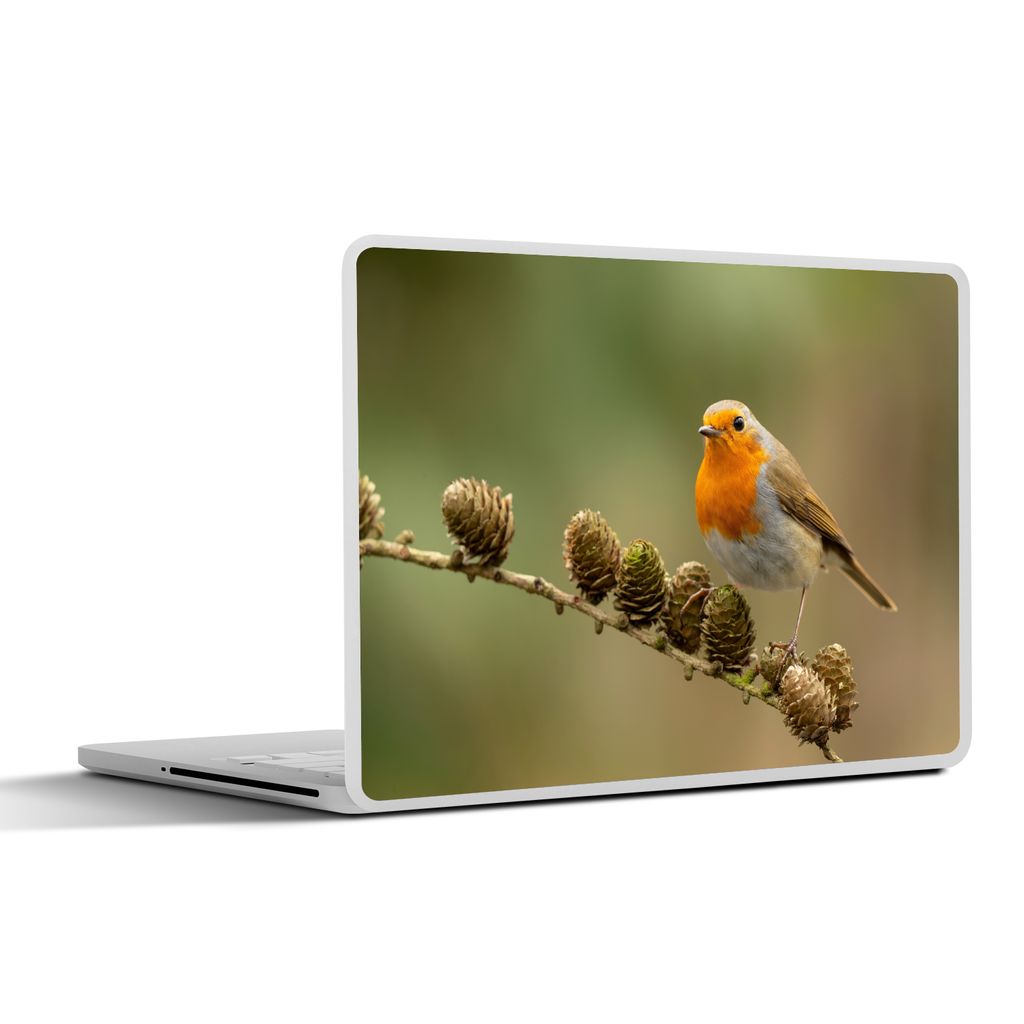 MuchoWow Laptop Aufkleber Sticker Cover Vogel - Rotkehlchen - Tannenzapfen - Zweig - Herbst 32.5x23.5 cm - Sticker für Laptop - Selbstklebend