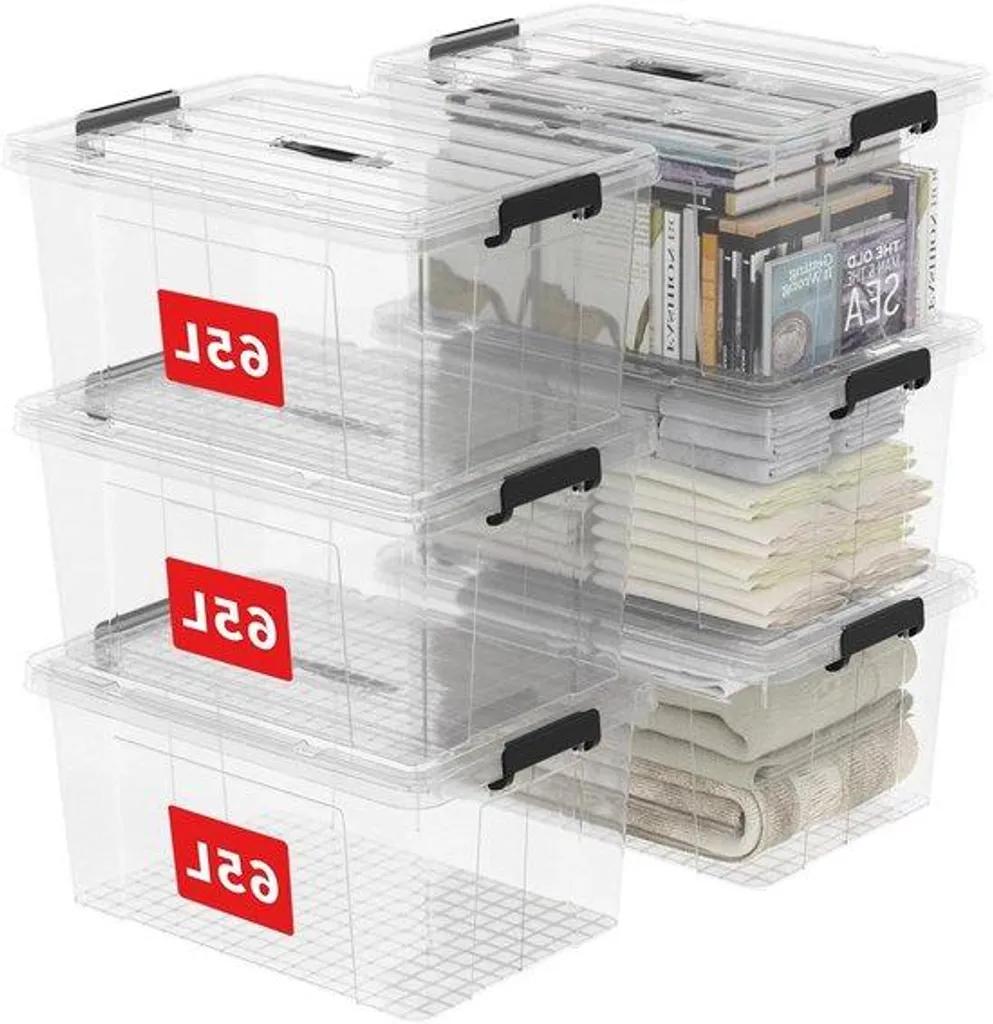 Bac de rangement en plastique 65 litres empilable avec couvercle clipsable