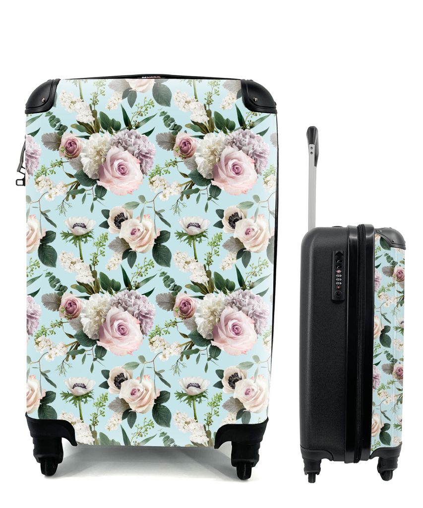 MuchoWow Koffer Handgepäck Trolley Rollkoffer Kleine Reisekoffer mit 4 Rollen - Blumen - Rose - Blatt - Cabin Size < 55x40x23 cm & 55x40x20 cm -...
