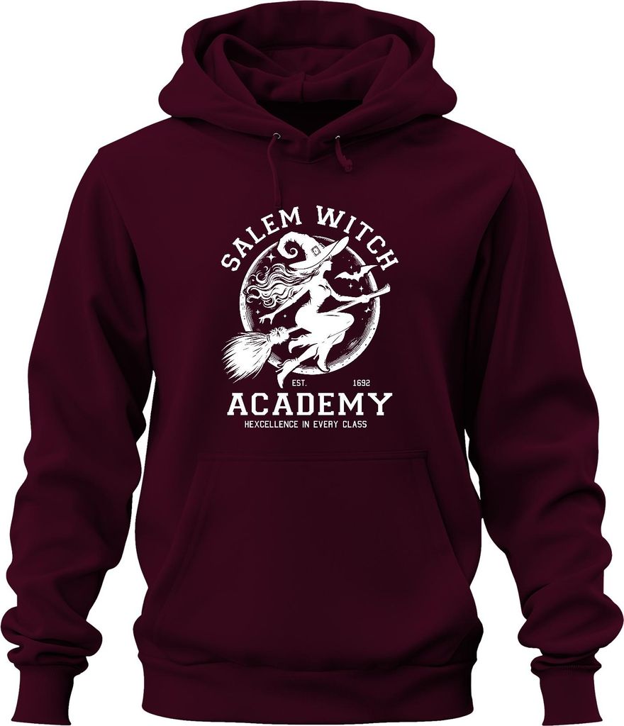 Salem Witch Academy Hexcellence Fliegender Besen Halloween Retro Uni Hoodie Kapuzenpullover, Burgundy, S