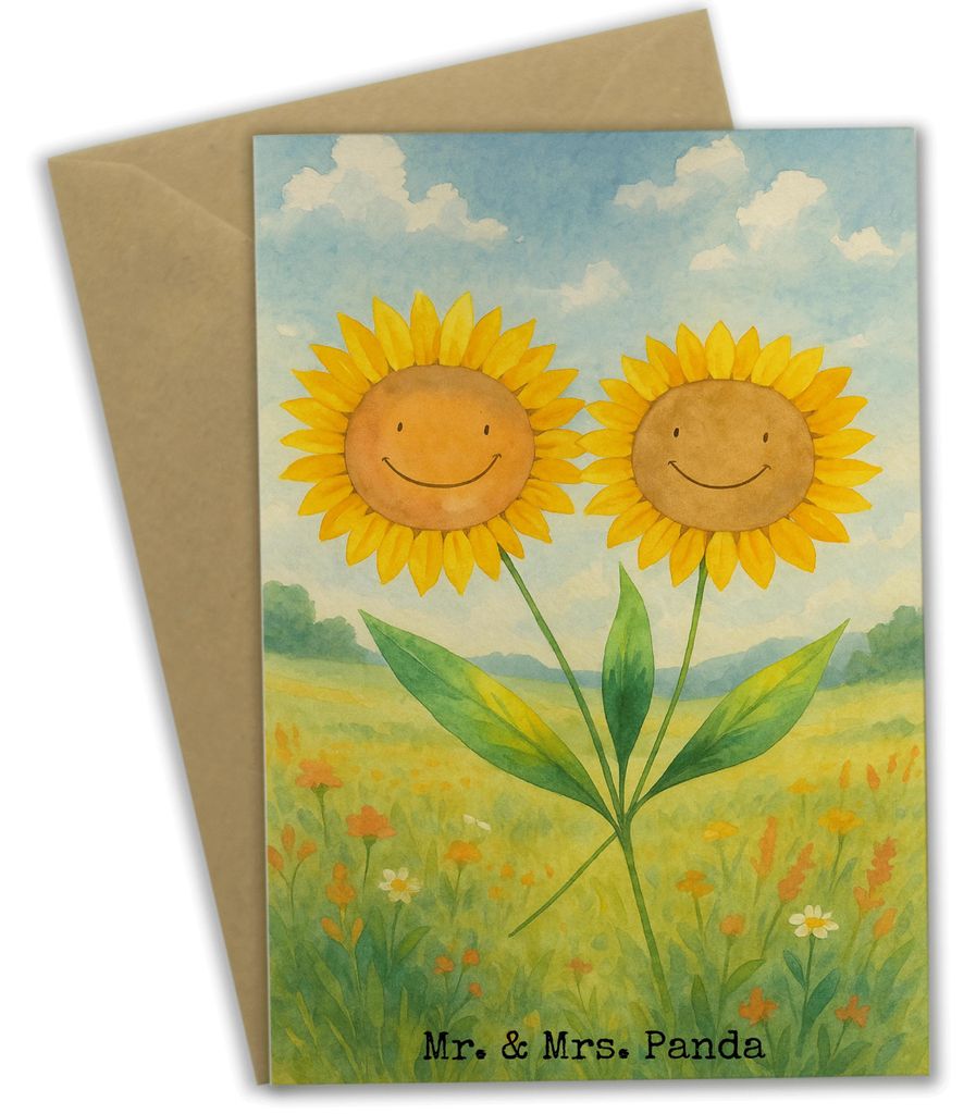 Mr. & Mrs. Panda Grußkarte Blume Sonnenblume Design - Weiß - Geschenk, Sonnenblumen, Klappkarte, weihnachtskarten, Zusammen, Garten, Beste Freund...