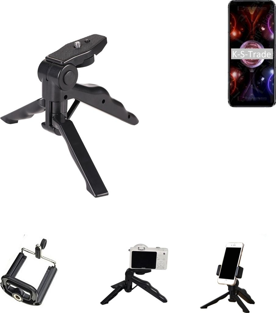 K-S-Trade Stativ Tisch-Ständer Dreibein Handy-Stativ Ständer kompatibel mit Asus ROG Phone 5s Mini-Stativ Smartphone Tripod Handy-Stativ aus Plastik