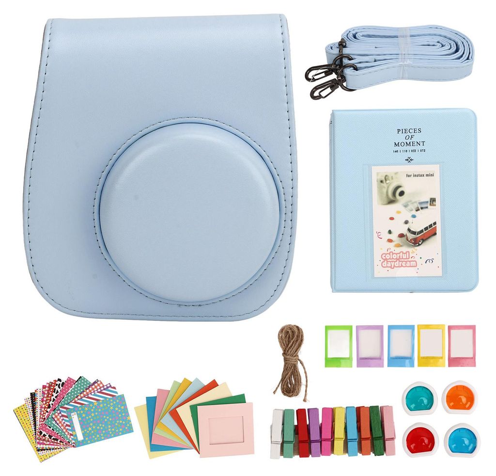 Schutzhülle aus Kunstleder für Fujifilm Instax Mini 12 Sofortbildkameras mit Album, Filtern, bunten Hängerahmen und Aufklebern (blau)