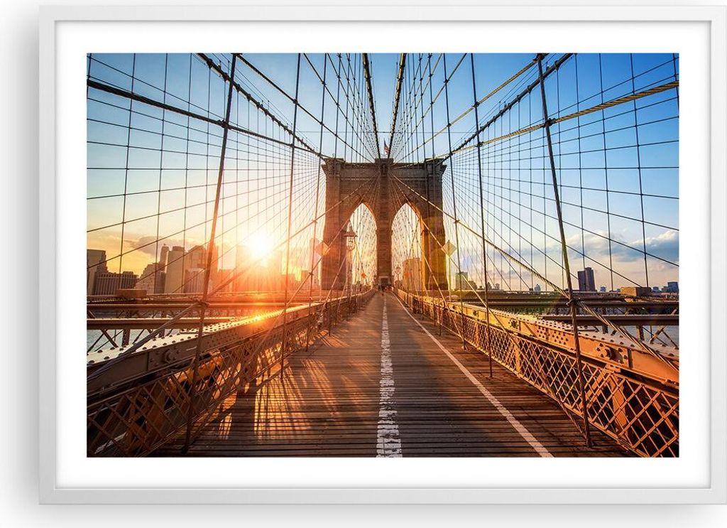 Gerahmtes Poster - Weißer Rahmen - New York Brücke - 70x50 cm - Wand Bild - Wanddeko - Wandbilder - Kunstposter - Wandposter - Bilderrahmen - Bil...